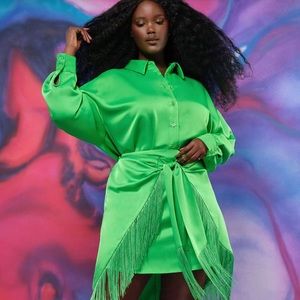 ELOQUII Green Satin Button Down